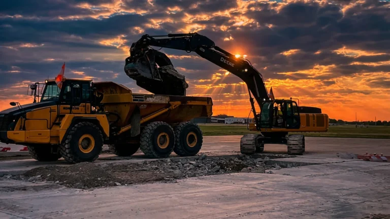 Excavator loading articulated dump truck at sunset on a job site