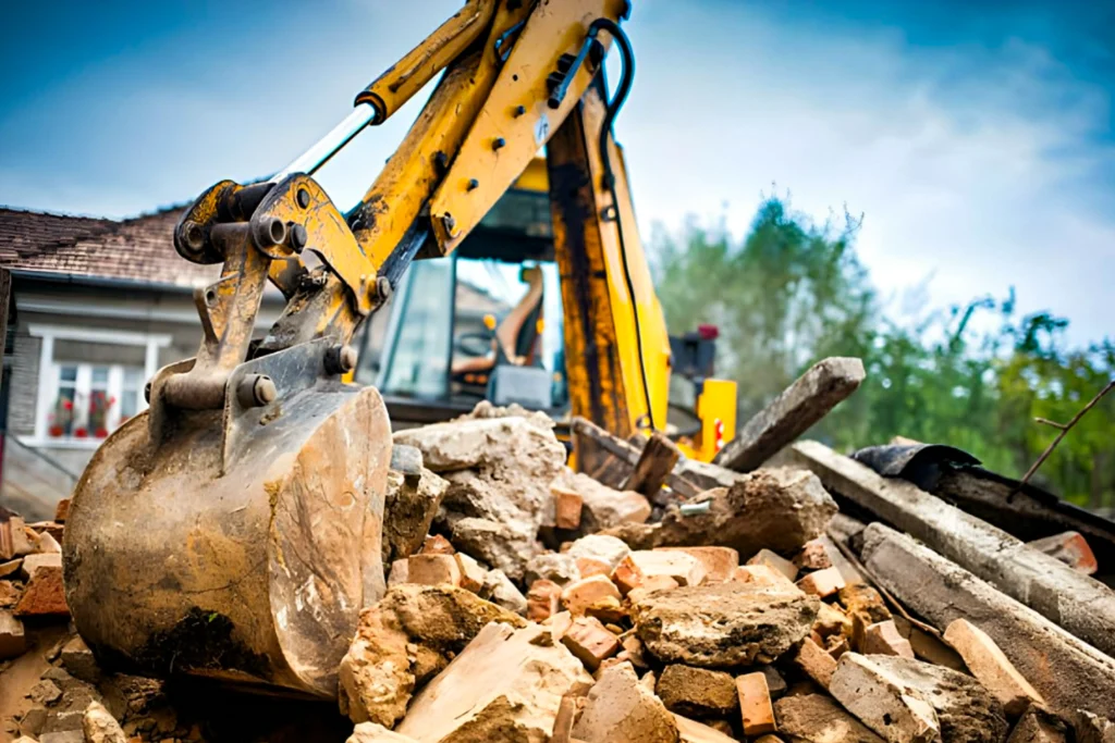 Excavator bucket clearing brick and concrete demolition debris