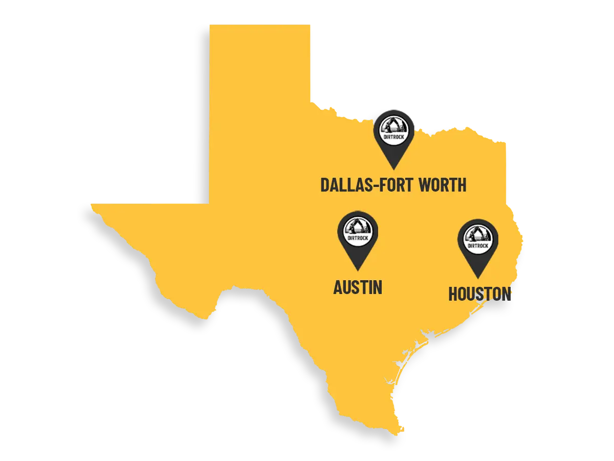 Map of Texas showing DirtRock service areas in Dallas-Fort Worth, Austin, and Houston